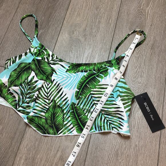 NWT BCBG Paris Printed Scarf Top Leaves Green Padded Bikini Top Size Large - Picture 7 of 8